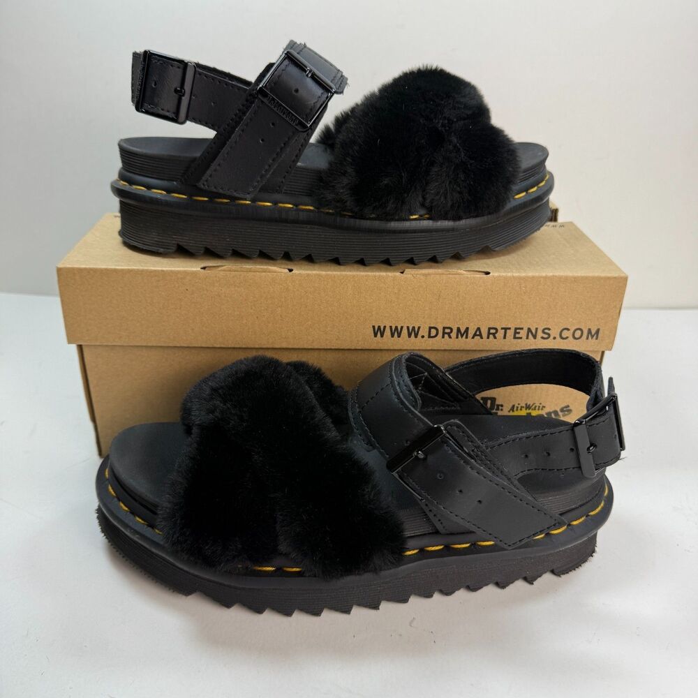 Dr Martens Voss II Fluffy Faux Fur Strap Chunky Platform Sandals Black Womens 7